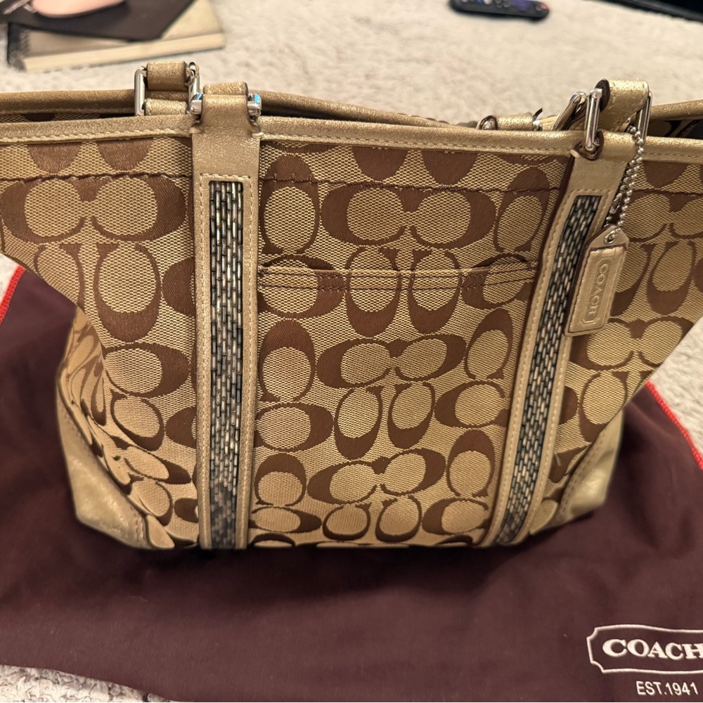 Coach Tan and Brown Signature Shoulder Bag